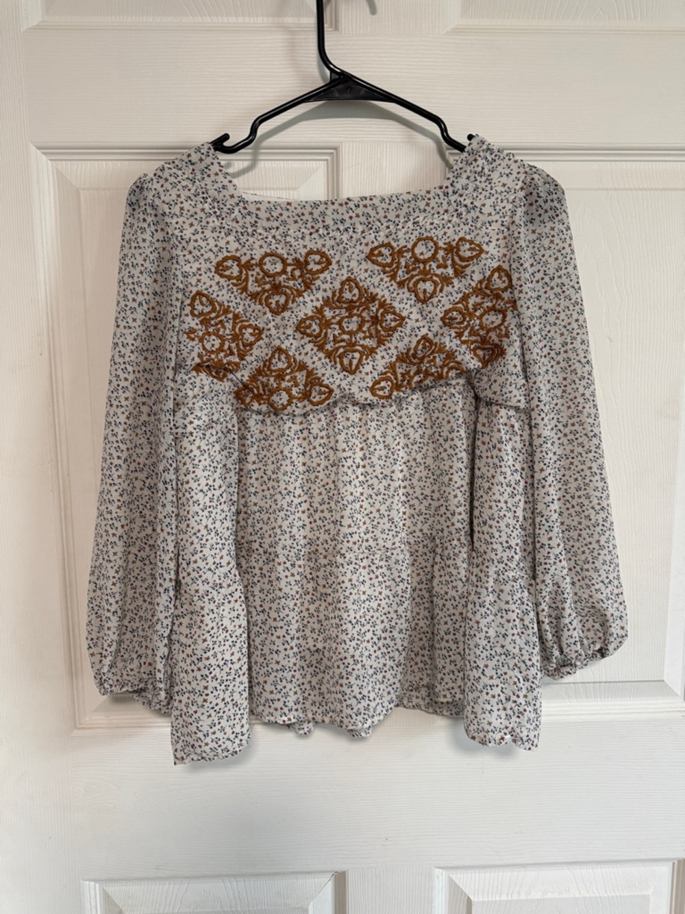 Polagram White Floral Tunic with Brown Embroidered Yoke